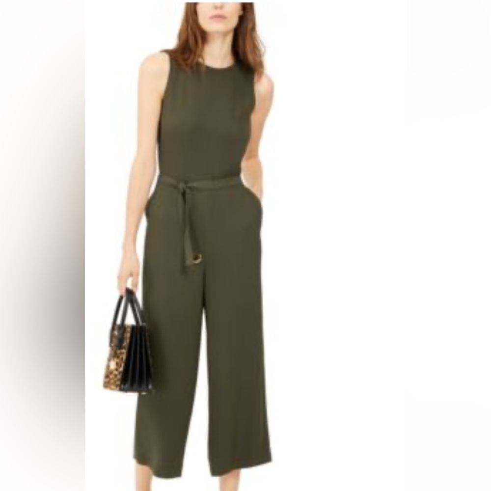 Michael Michael Kors Jumpsuit Basics Army Green Sleeveless Zip Back Belted Med